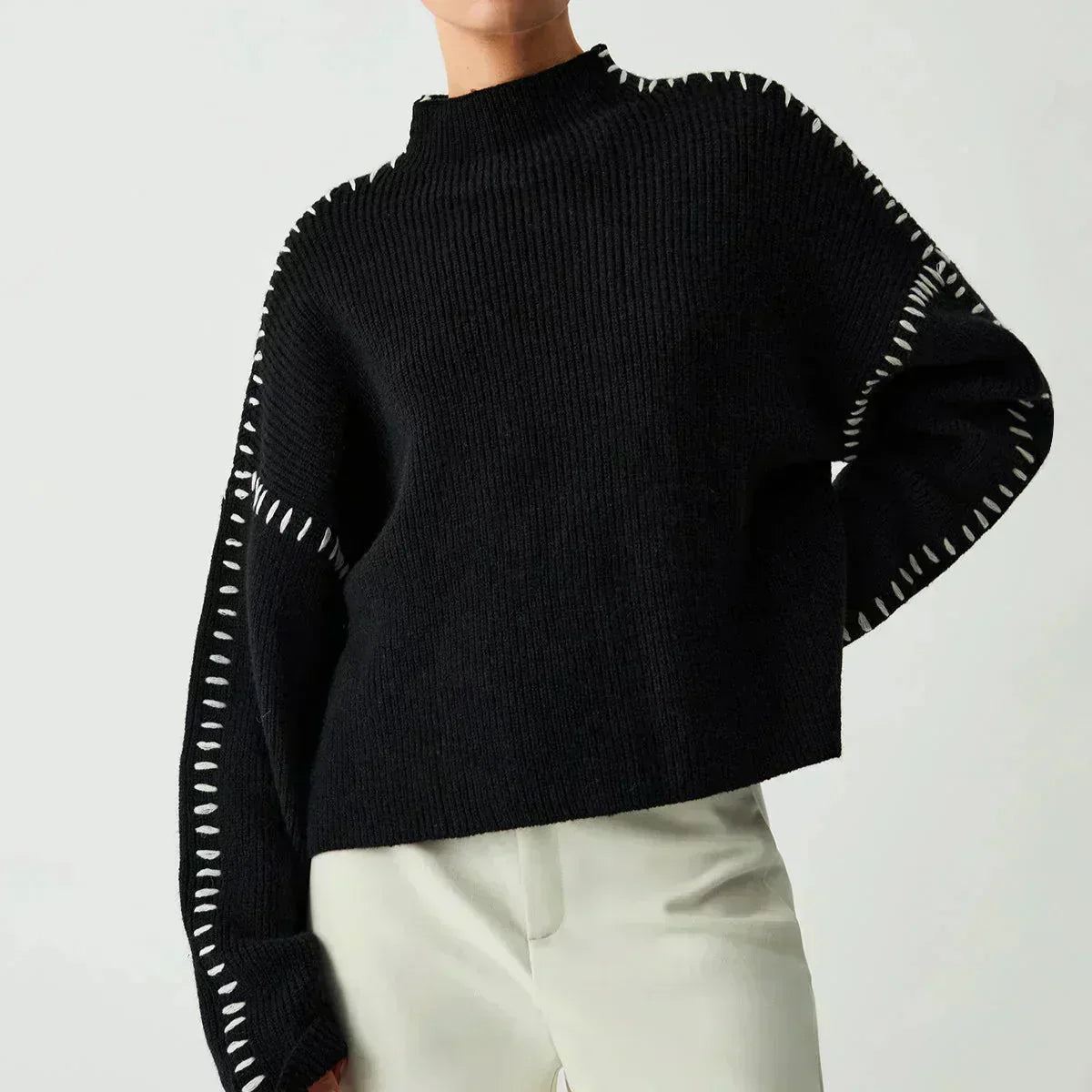 Nina ribstrikket sweater med høj hals fra Elsebeth København, set forfra
