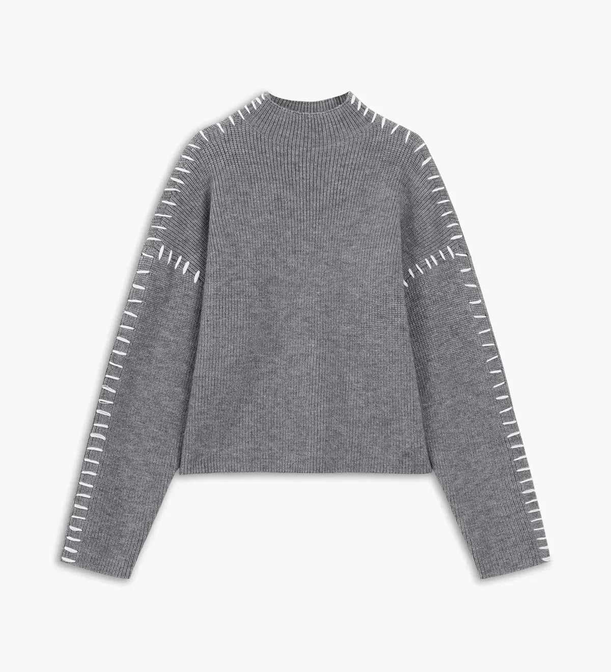 Nina ribstrikket sweater med høj hals fra Elsebeth København, nærbillede af halsen