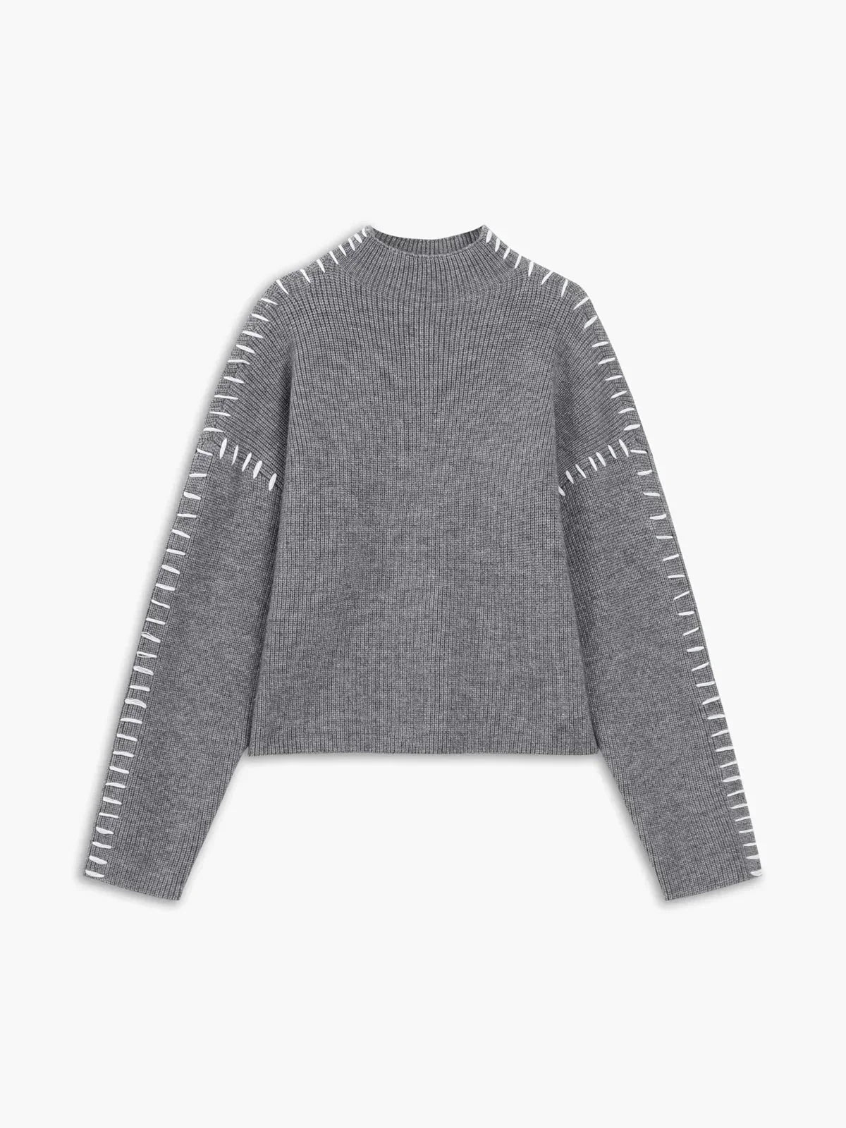 Nina ribstrikket sweater med høj hals fra Elsebeth København, nærbillede af halsen