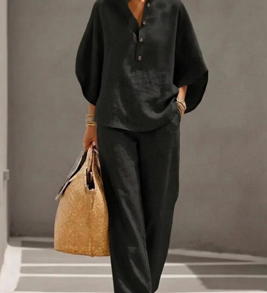 Maribel™ | Linen Batwing Sleeve Set and Wide-Leg Trousers