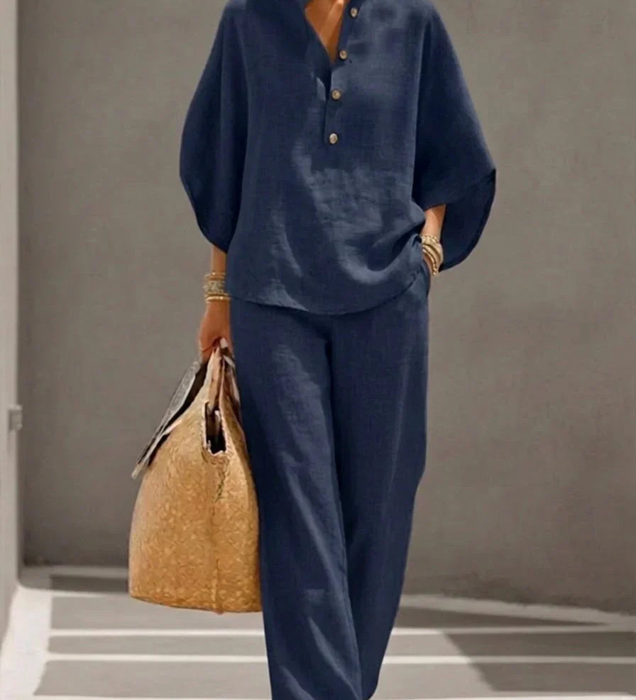 Maribel™ | Linen Batwing Sleeve Set and Wide-Leg Trousers