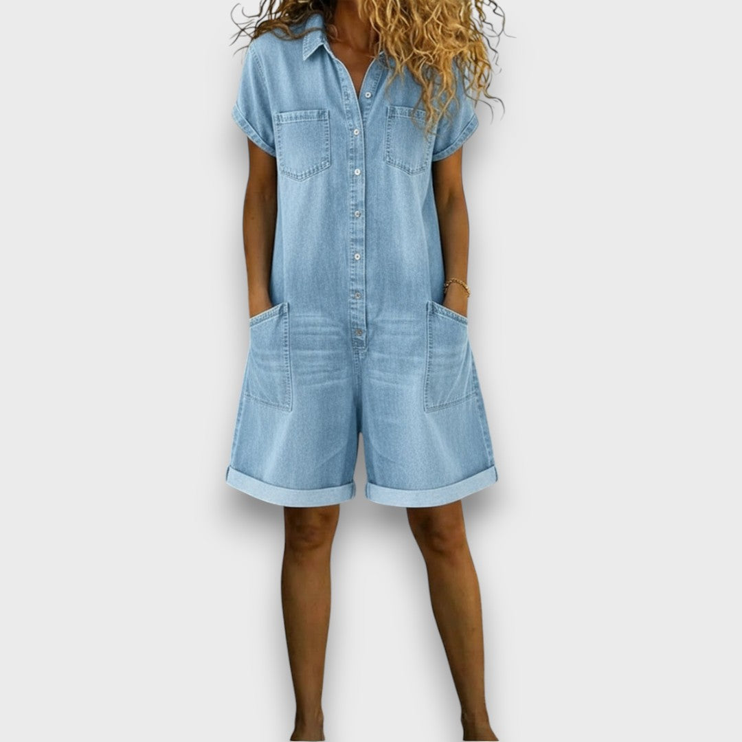 Tess | Short Cotton Denim Effect Dungarees