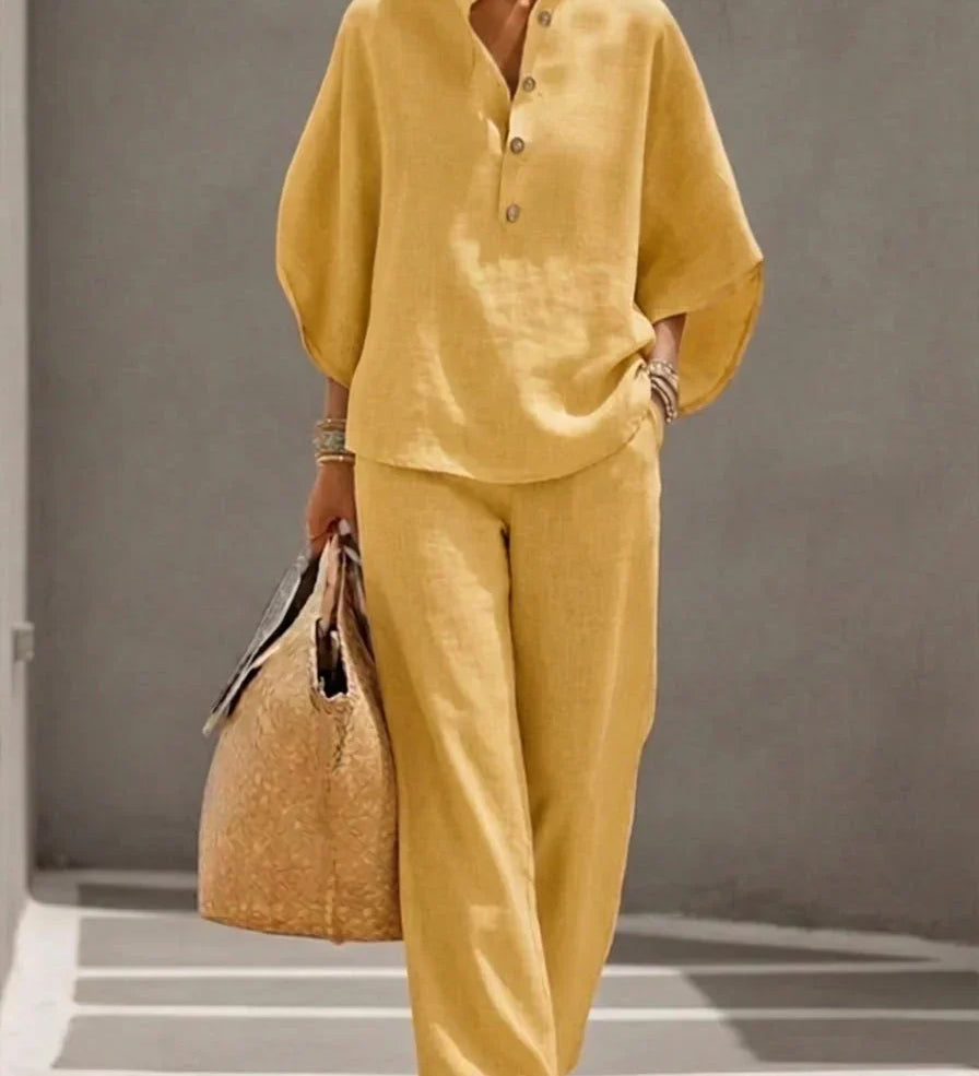 Maribel™ | Linen Batwing Sleeve Set and Wide-Leg Trousers