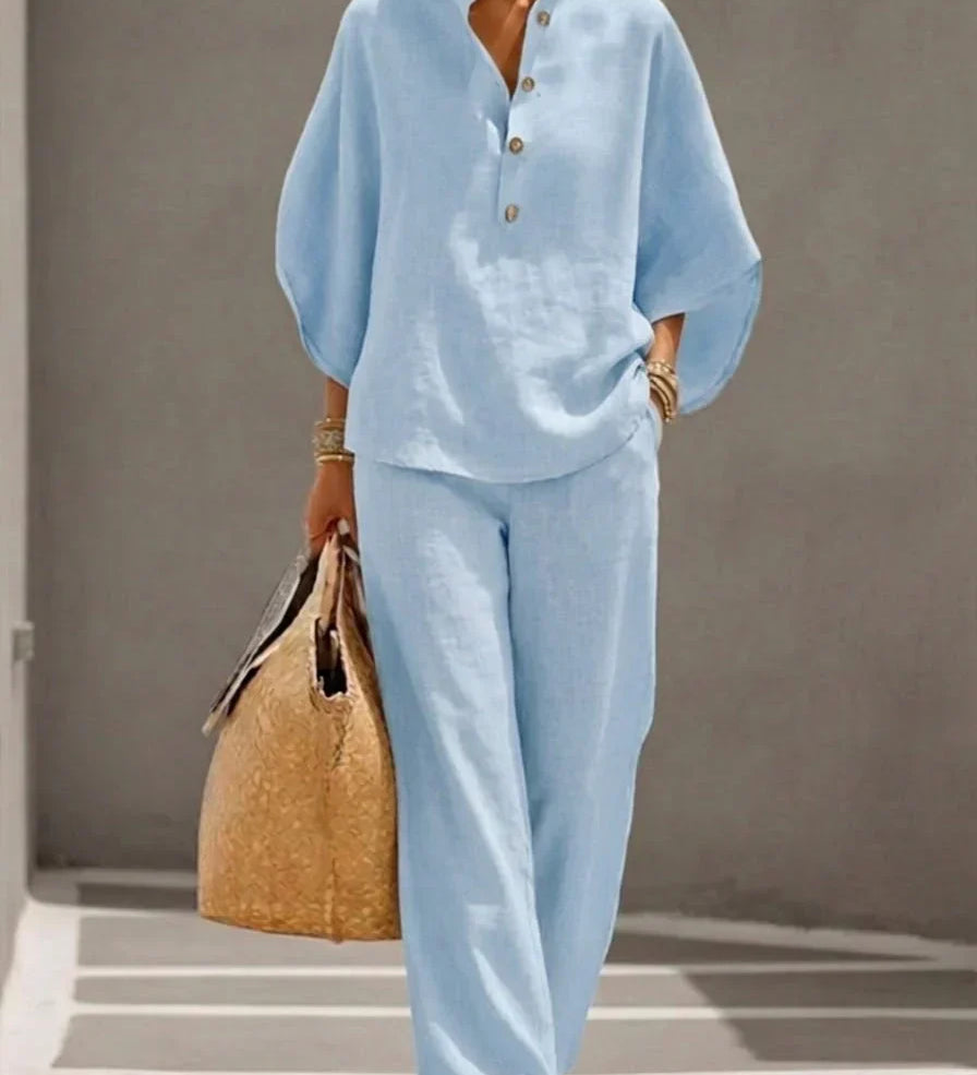 Maribel™ | Linen Batwing Sleeve Set and Wide-Leg Trousers