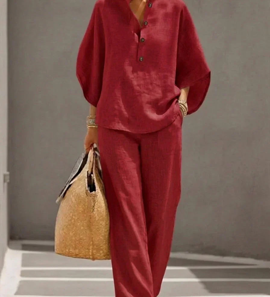 Maribel™ | Linen Batwing Sleeve Set and Wide-Leg Trousers