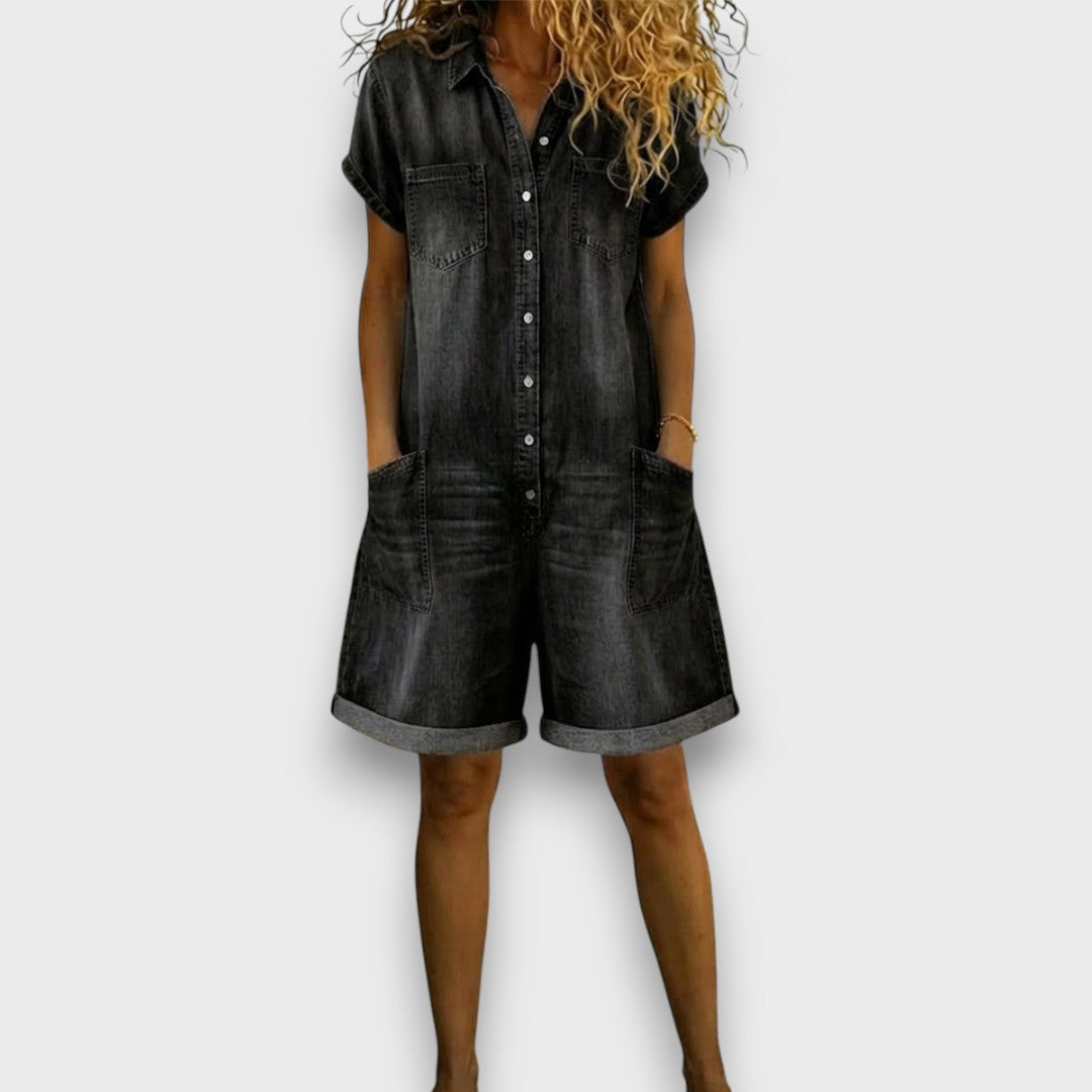Tess | Short Cotton Denim Effect Dungarees