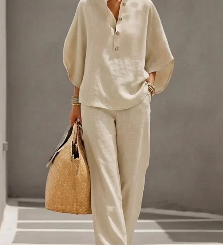 Maribel™ | Linen Batwing Sleeve Set and Wide-Leg Trousers