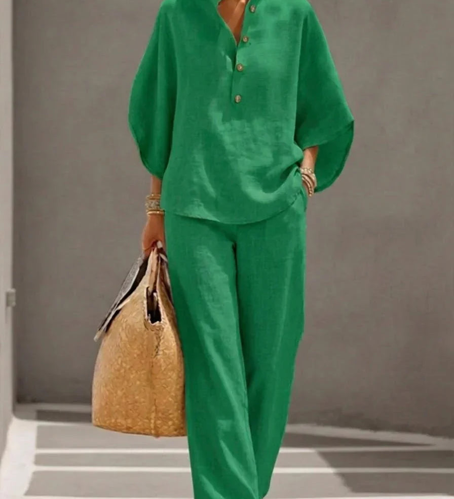 Maribel™ | Linen Batwing Sleeve Set and Wide-Leg Trousers