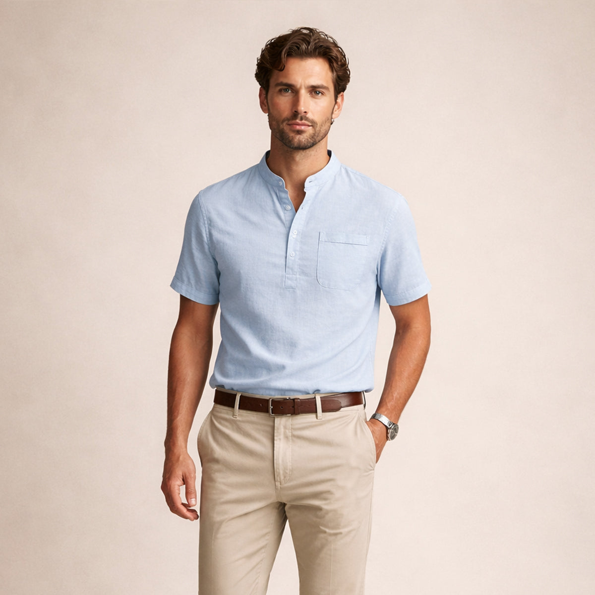 The Hillgate Men’s Casual Cotton Linen Henley Shirt