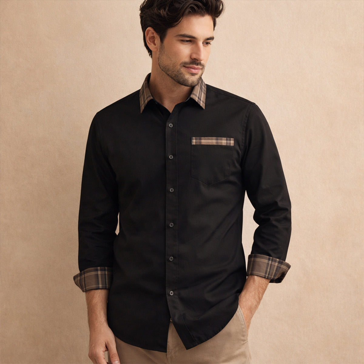 The Amelia Men’s Casual Button Up Dress with Plaid Collar & Cuffs