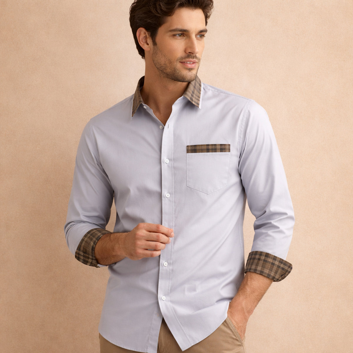 The Amelia Men’s Casual Button Up Dress with Plaid Collar & Cuffs