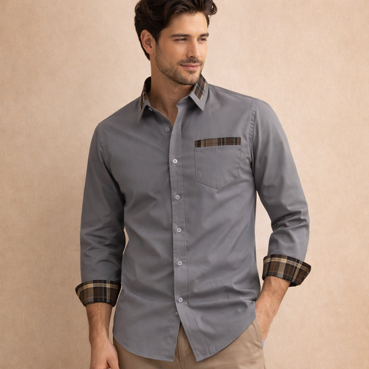 The Amelia Men’s Casual Button Up Dress with Plaid Collar & Cuffs