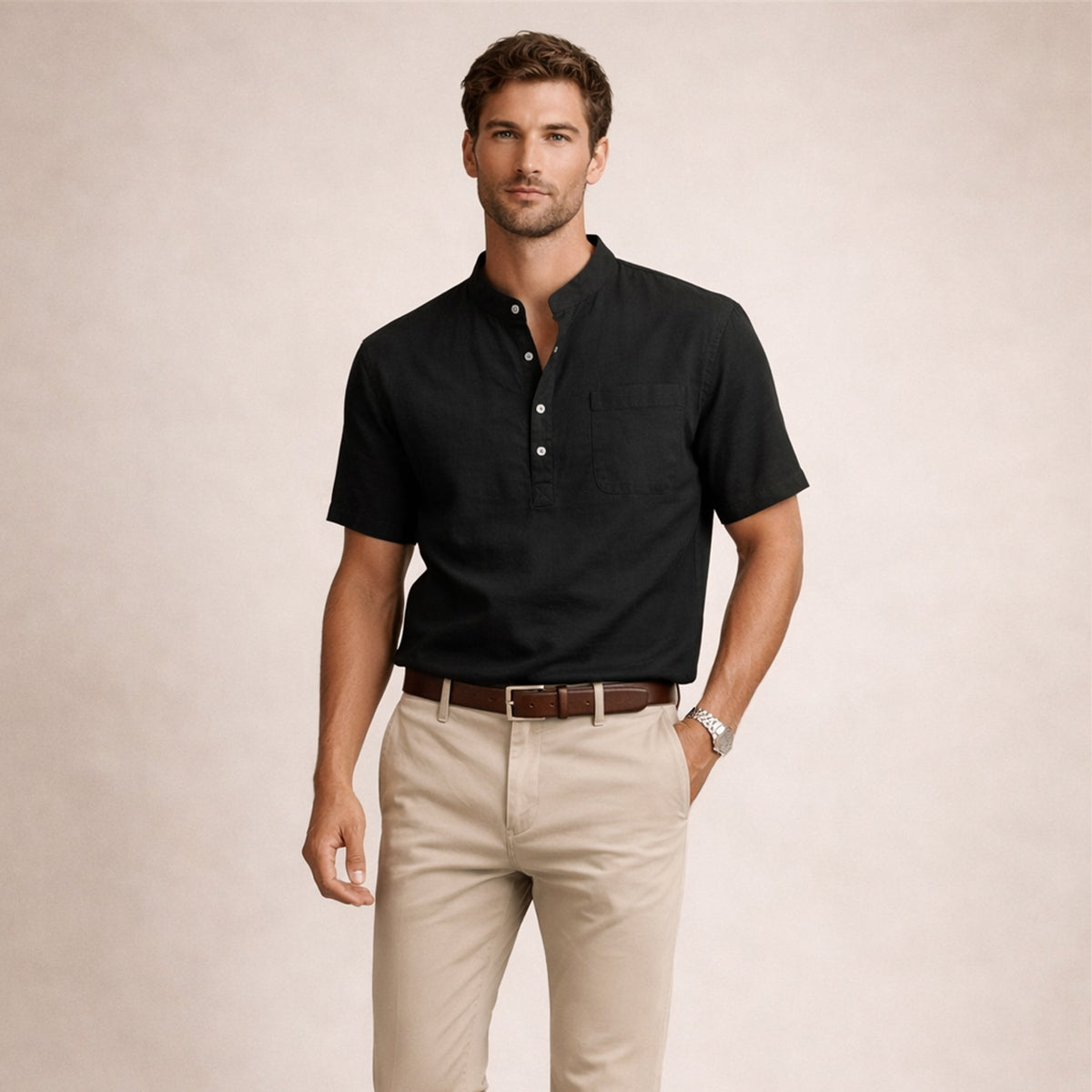 The Hillgate Men’s Casual Cotton Linen Henley Shirt