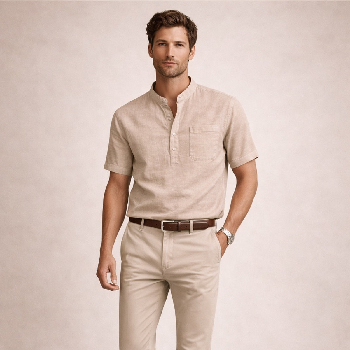 The Hillgate Men’s Casual Cotton Linen Henley Shirt
