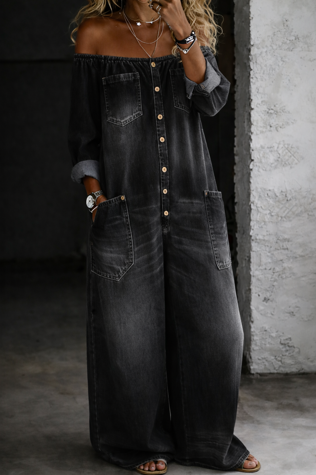 Sidonie | Denim Jumpsuit with Off-Shoulder Design – view 3